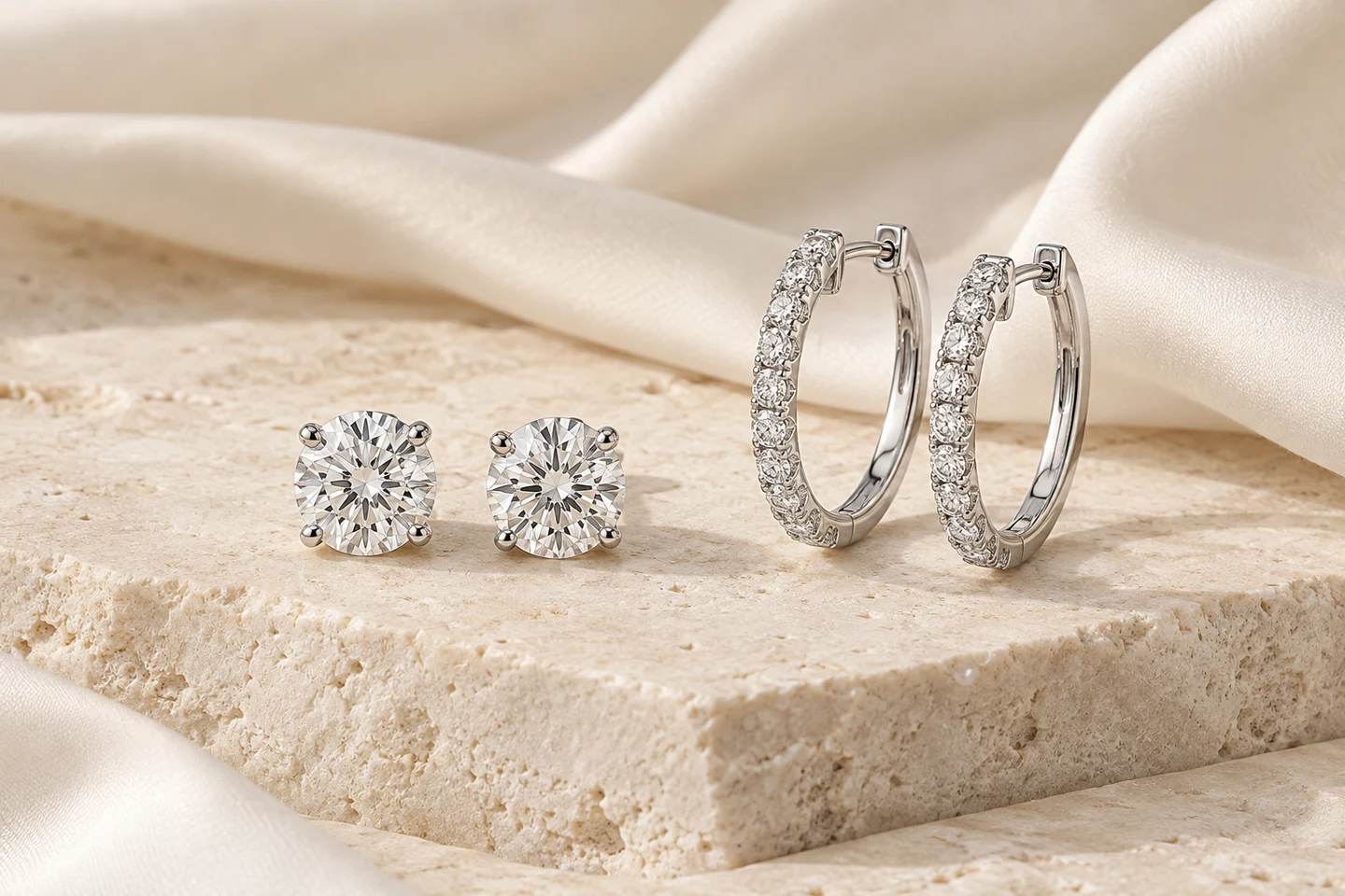 Diamond earrings with delicate settings on ivory silk