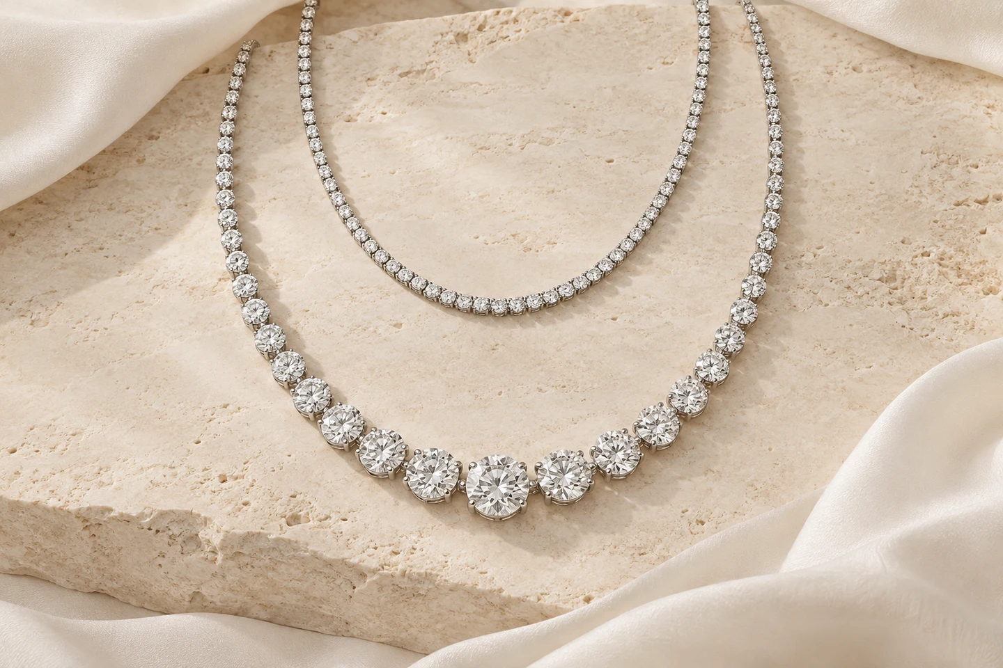 Diamond Necklaces presented on a light ivory backdrop
